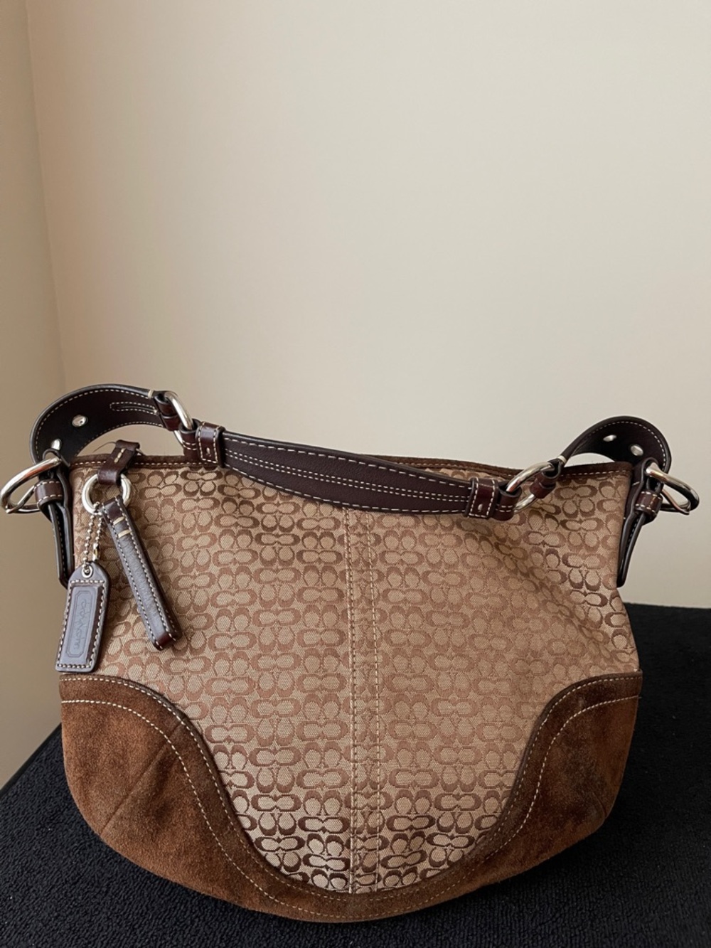 Y2K Coach Tan Signature Canvas and Brown Suede Hobo Bag